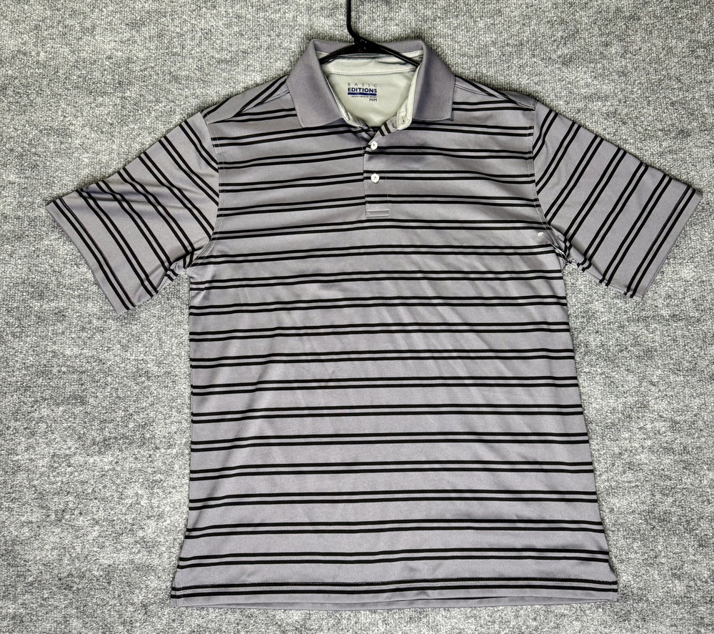 Basic Editions Polo Shirt Mens Medium Gray Striped Short Sleeve Polyester Casual